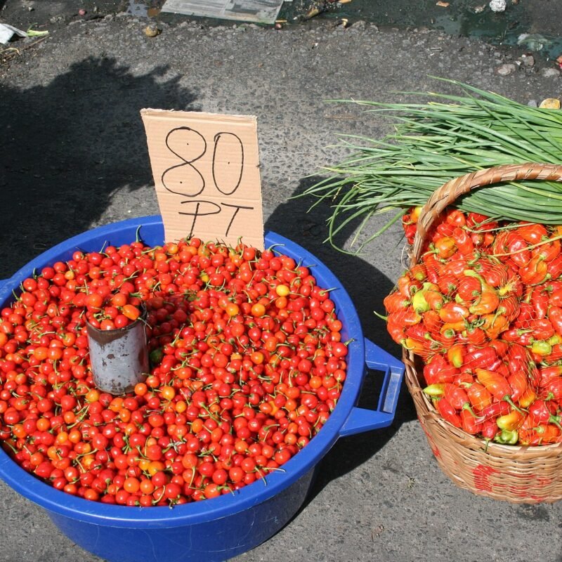 Bowls of peppers and spring onions on a Caribbean market stall